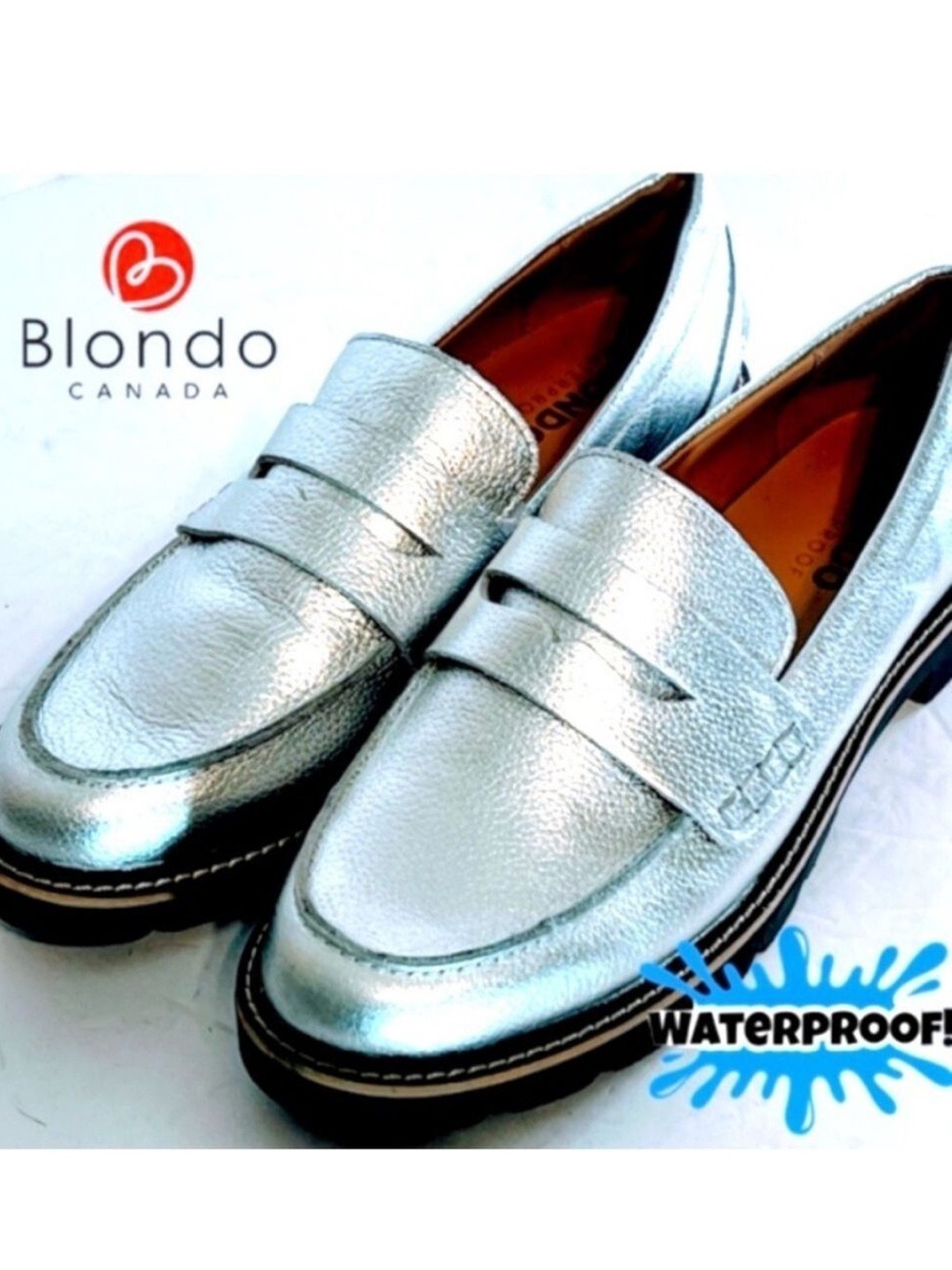 NWOB Blondo “Peyton” Waterproof Silver Leather Penny Loafers 7.5  $140 MSRP